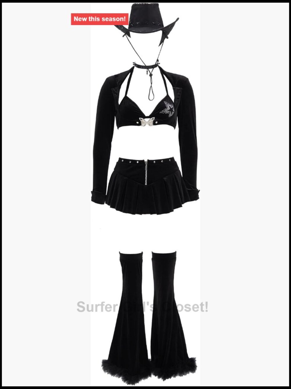 Gothic Cowgirl Halloween Costume Set with Bra, Skirt, Cardigan, Hat